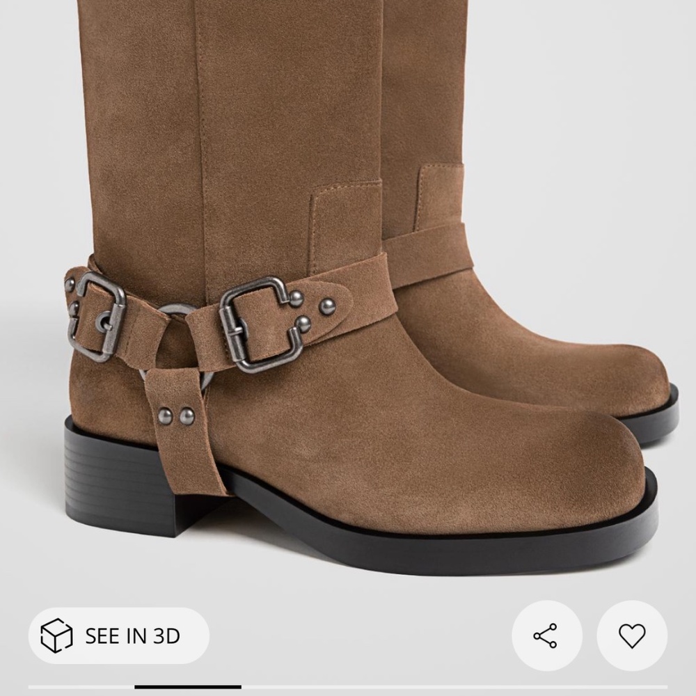 NWT Stradivarius Flat Leather Biker Boots with Buckles size 7.5